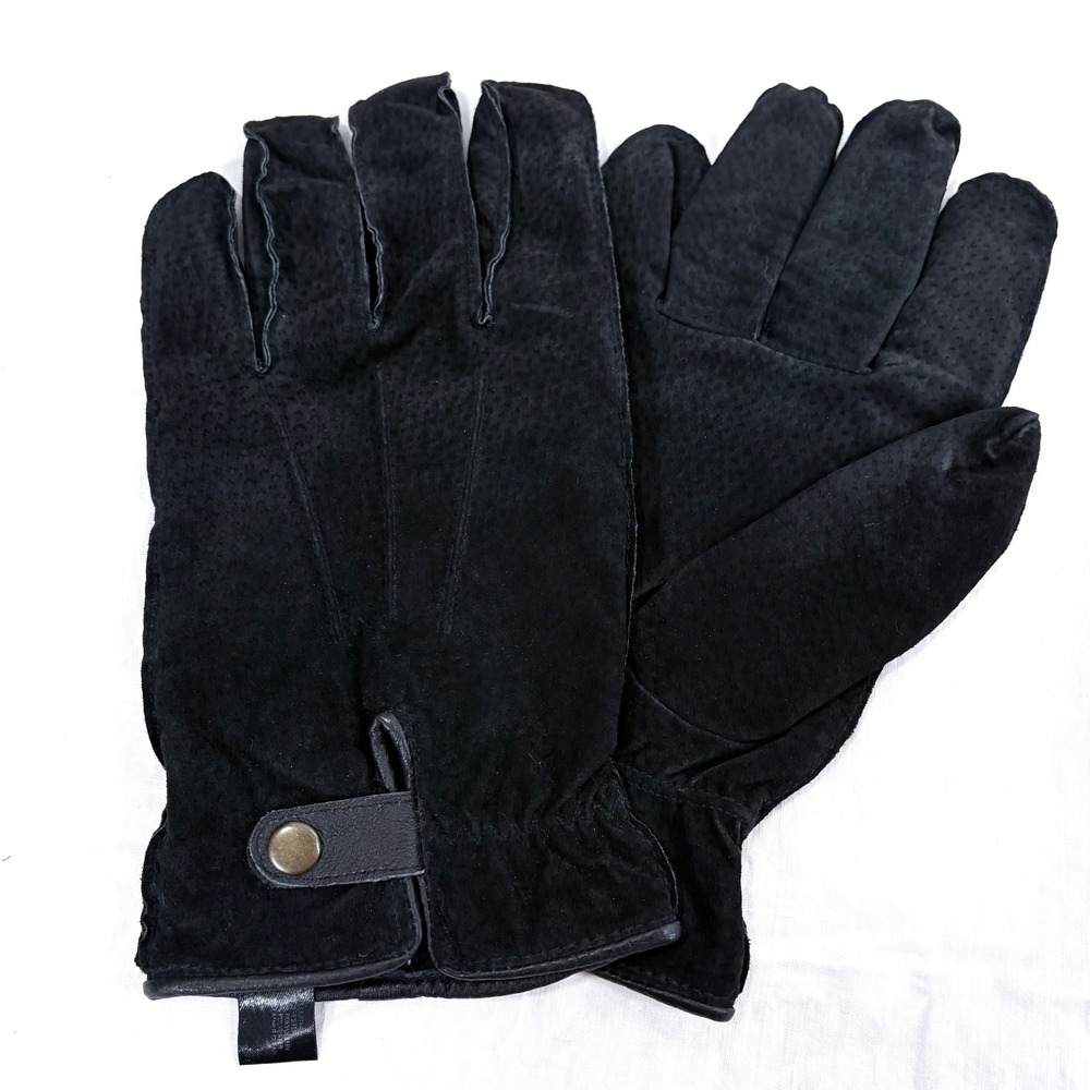 Black Suede Leather Driving Gloves Men's‎ Size XL Snap Button Fleece Lined